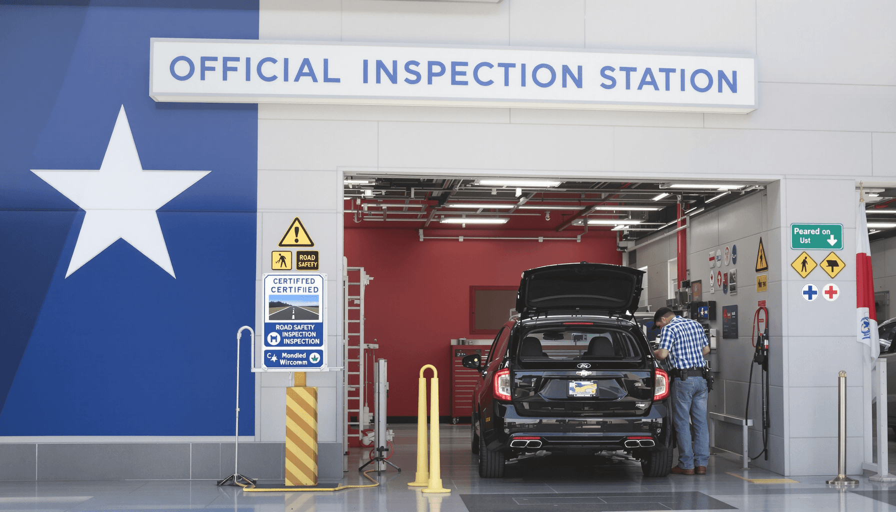 Sticker Plus – Official Vehicle Inspections in Texas 2025 2 Technician inspecting a car at a modern vehicle inspection station with Texas flag and safety signs in the background.