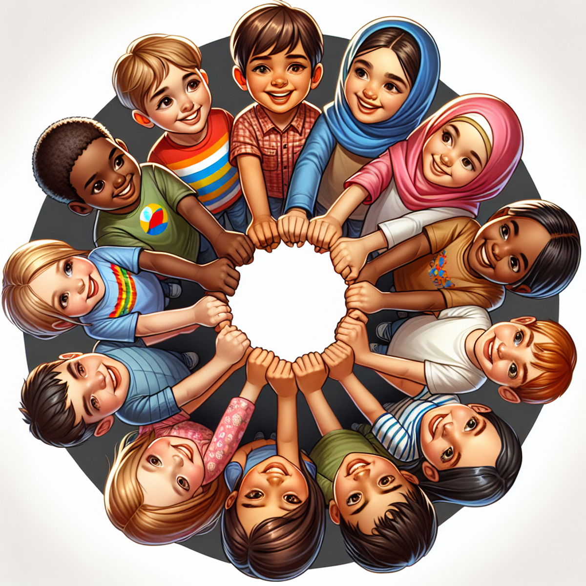 A diverse group of children holding hands in a circle, smiling and representing unity.