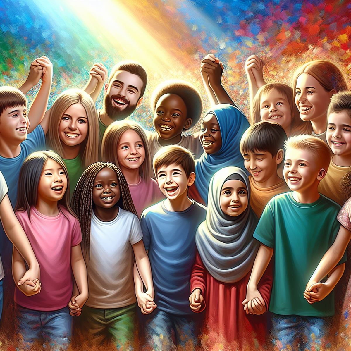 A group of smiling children of diverse ethnicities holding hands in unity against a colorful background.