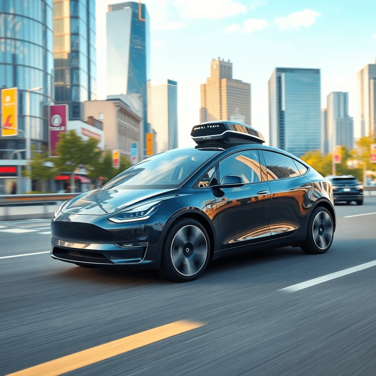 A sleek, futuristic Tesla Robotaxi driving autonomously through a vibrant urban landscape filled with smart technology elements and greenery, highlighting innovation and efficiency.