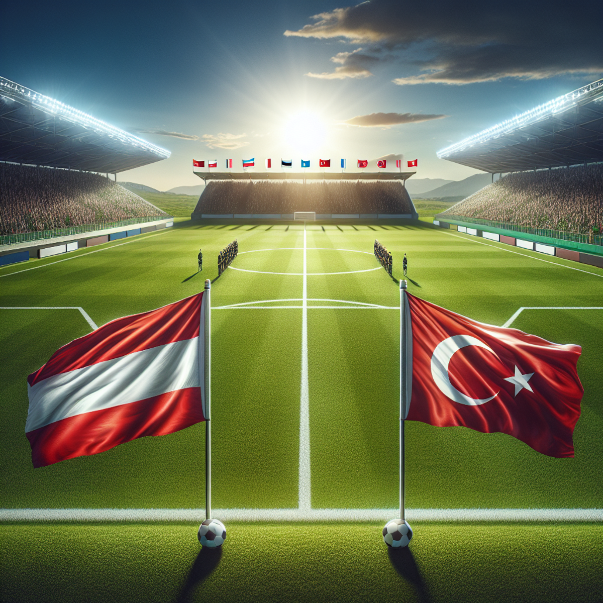 A football pitch with flags of Austria and Turkey waving at opposite ends under a clear sky.