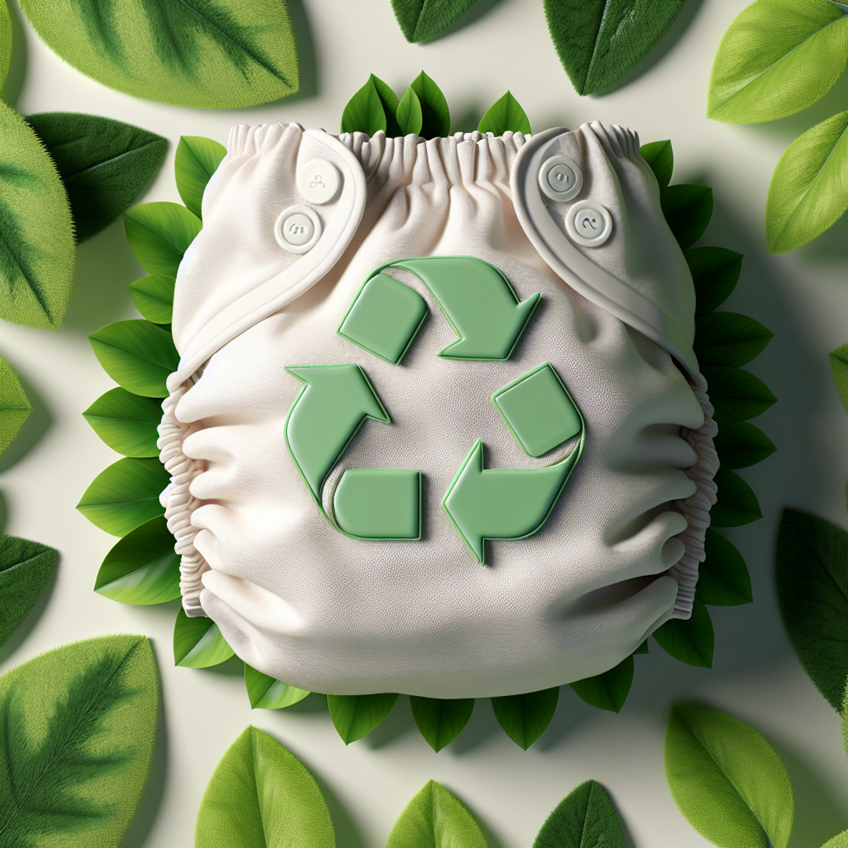 A cloth diaper surrounded by green leaves and a recycling symbol.