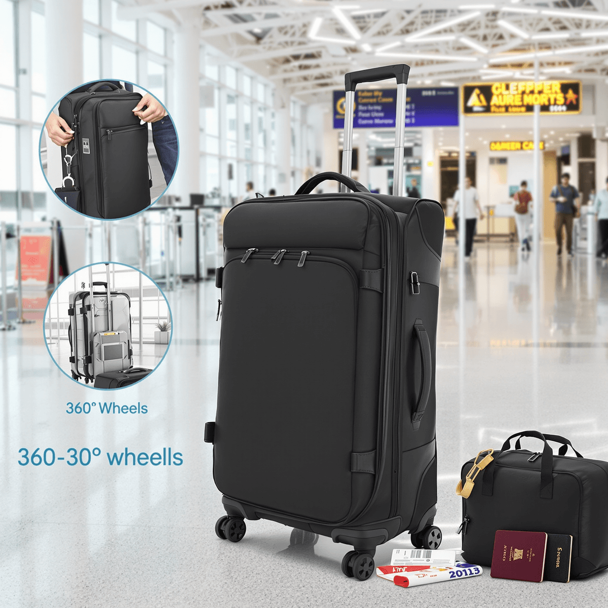 A large modern trolley bag with 360-degree wheels standing upright in an airport, surrounded by a passport and boarding pass, highlighting travel convenience.