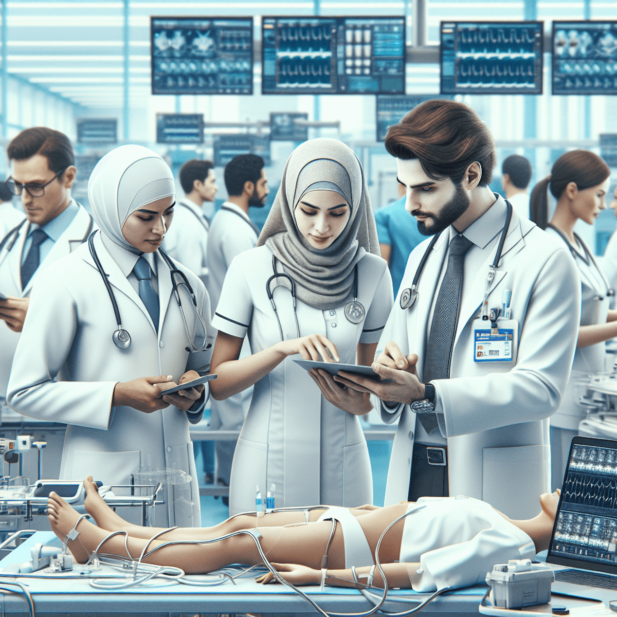 A group of three healthcare professionals, including a Caucasian doctor in a white coat, an Asian nurse in scrubs, and a Hispanic medical technician wearing a lab coat, collaborate closely in a busy hospital environment. They are surrounded by various medical equipment like monitors, IV stands, and surgical tools, while other staff members attend to patients in the background. The scene conveys a sense of teamwork and urgency, highlighting the critical role of healthcare workers in a modern medical facility.