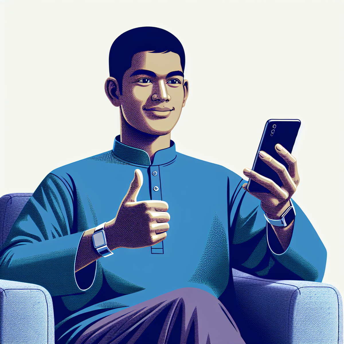 A person with brown skin and dark hair sits on a sofa, holding a smartphone in one hand and making a thumbs-up gesture with the other.