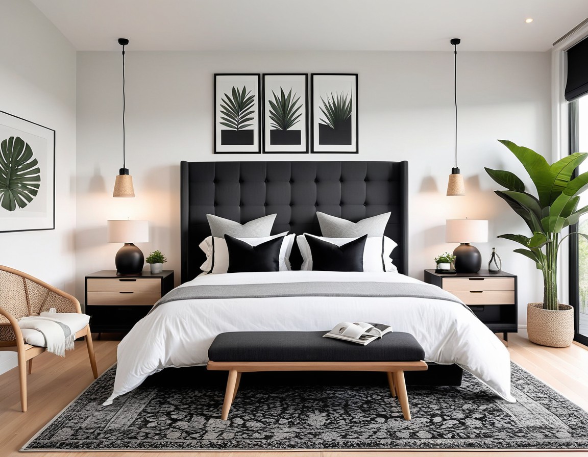 Image depicts a modern, minimalist bedroom with a clean and organized layout. The room features a large bed with a black upholstered headboard, dressed in white bedding with gray accent pillows. On either side of the bed are black nightstands, each with a small lamp and decorative items. Above the bed hang two framed botanical prints, each showcasing a different leaf design in black and white. The floor is covered with a light gray area rug that complements the light wood flooring. A large window on the right side allows natural light to flood the room, enhancing the bright and airy atmosphere. In the corner, a wooden chair with a woven seat adds a touch of warmth, while two potted plants bring a natural element to the space. The walls are painted white, contributing to the room's serene and uncluttered aesthetic.