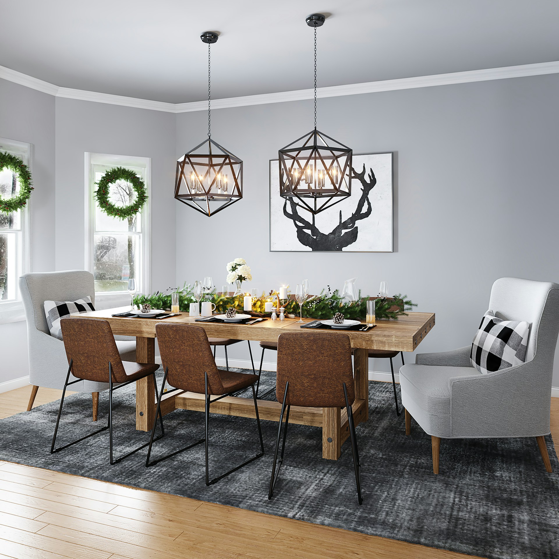 A well-lit room features a central dining table with eight chairs around it. Elegant modern paintings adorn the walls, enhancing the room’s sophisticated feel. A large black Persian rug on the floor ties the decor together, contributing to the room’s chic and contemporary atmosphere