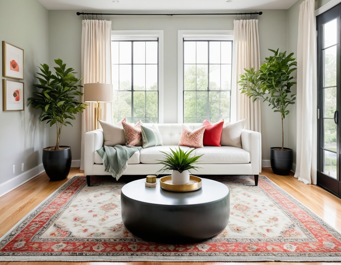 A modern living room with a symmetrical layout. The room features two white leather sofas facing each other, each decorated with dark grey textured throw pillows. A white blanket is draped over the arm of one of the sofas. In the centre of the room is a large area rug with an all-over floral pattern in pastel red, beige and pastel green. The flooring is a mid-tone parquet. In the background, a tall green plant in a black pot is placed in the corner next to a small round side table with a gold lamp. The walls are painted light grey and a piece of abstract artwork hangs on the right wall. Large windows on the left side allow natural light to fill the space.