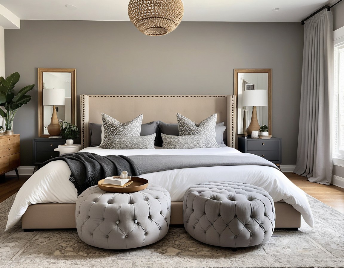 a modern, stylish bedroom with a neutral color palette. The layout features a large, beige upholstered bed with a high headboard, adorned with two large, patterned gray and white pillows and a neatly folded dark gray throw blanket. In front of the bed are two round, tufted ottomans in a light gray fabric. The room has a symmetrical design with two dark gray nightstands on either side of the bed, each topped with a small plant and a lamp. Above each nightstand hangs a rectangular mirror with a wooden frame. The walls are painted in a soft gray tone, complementing the light wood flooring. A large, woven pendant light hangs from the ceiling, adding texture to the space. A large window with sheer white curtains allows natural light to fill the room, enhancing the serene and inviting atmosphere.