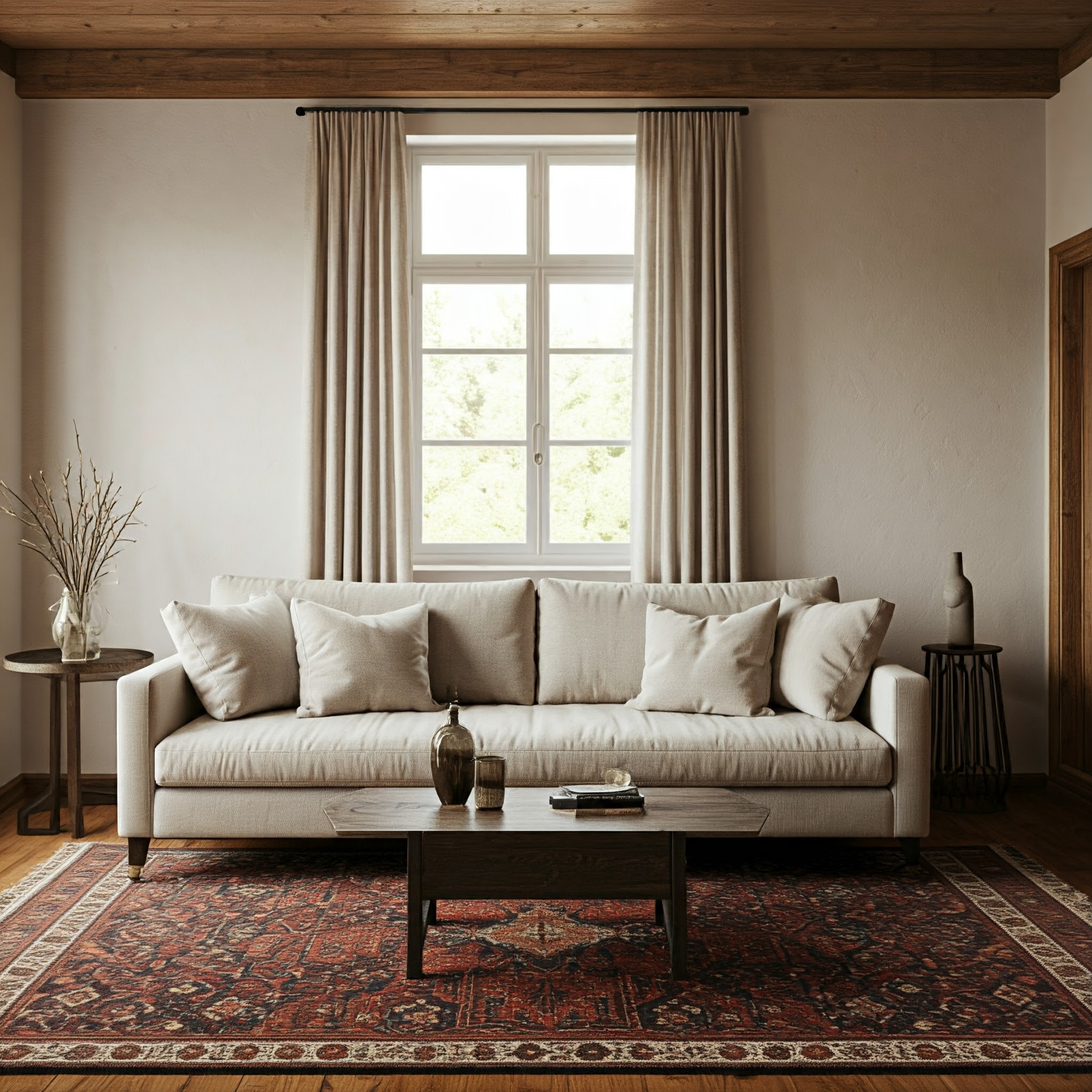 The floor is covered with a patterned red and brown rug, adding warmth to the space. On the left side, a round side table holds a vase with dried branches, while on the right, a tall, narrow basket adds texture. The ceiling is wooden, complementing the overall neutral and earthy color palette of the room.