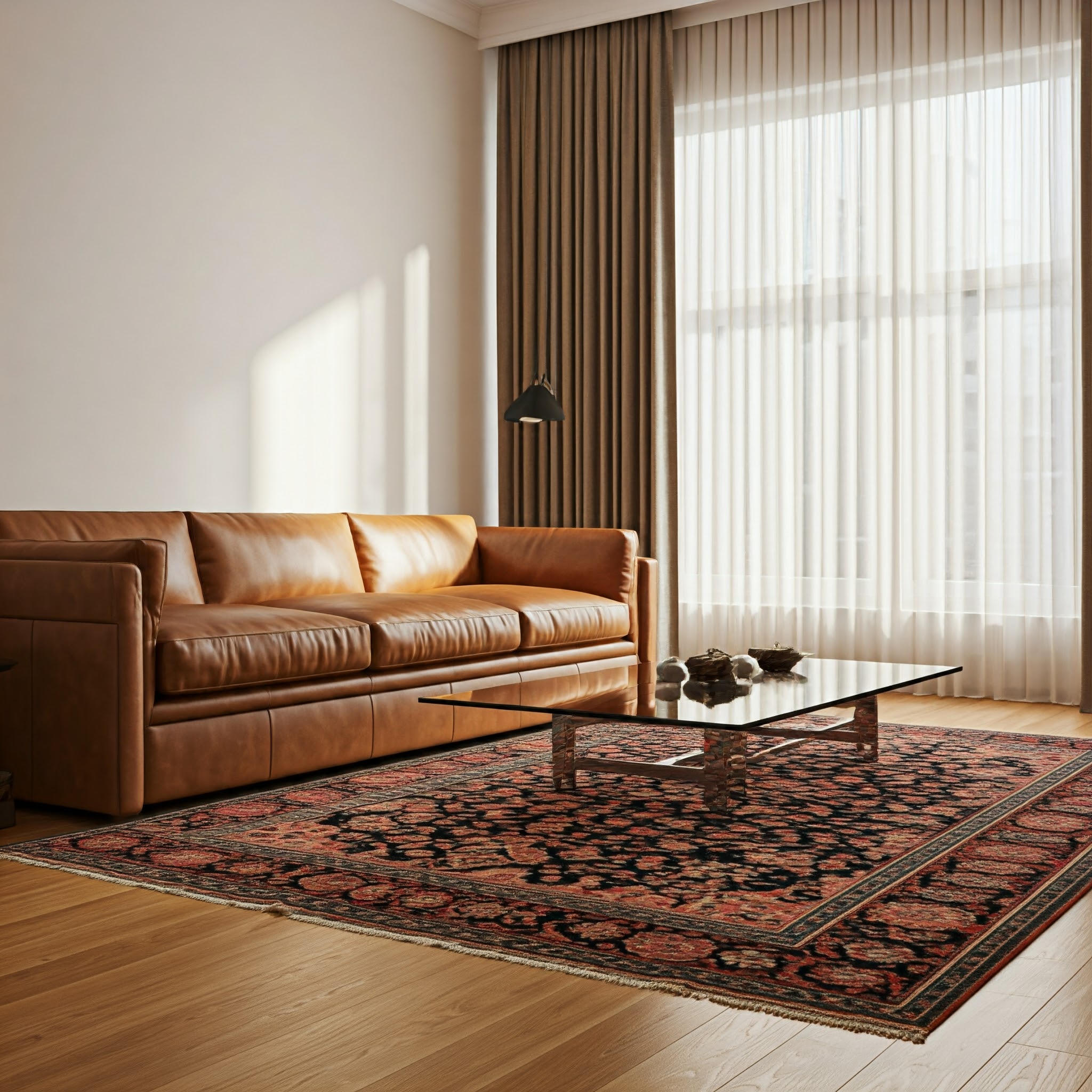 In front of the sofa, a rectangular glass coffee table with a sleek metal frame sits atop an intricately patterned Turkish rug in rich red and black tones. The wooden floor has a warm, natural finish that complements the overall earthy tones of the room. A black, modern floor lamp with a geometric design next to the sofa adds a contemporary elegance to the setting. The room is devoid of any visible clutter, emphasising a clean and sophisticated aesthetic.