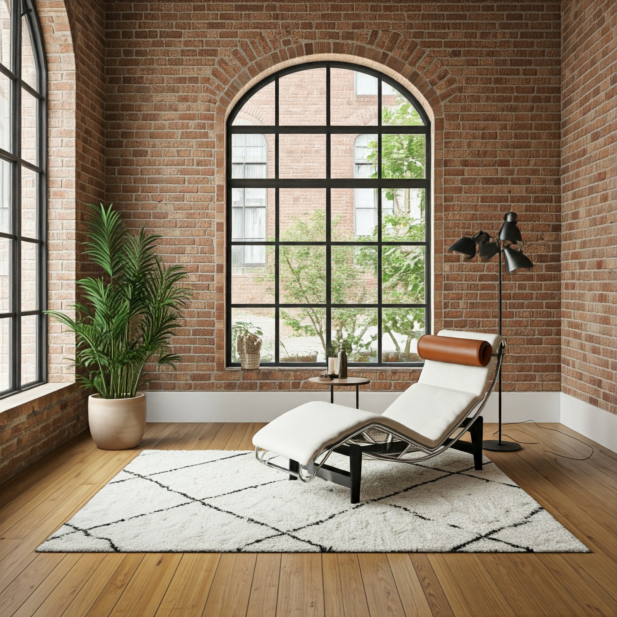 The window offers a view of the brick building and greenery outside. Inside, a stylish white lounge chair with a brown leather headrest sits on a geometric patterned white and black carpet laid on a polished wooden floor.