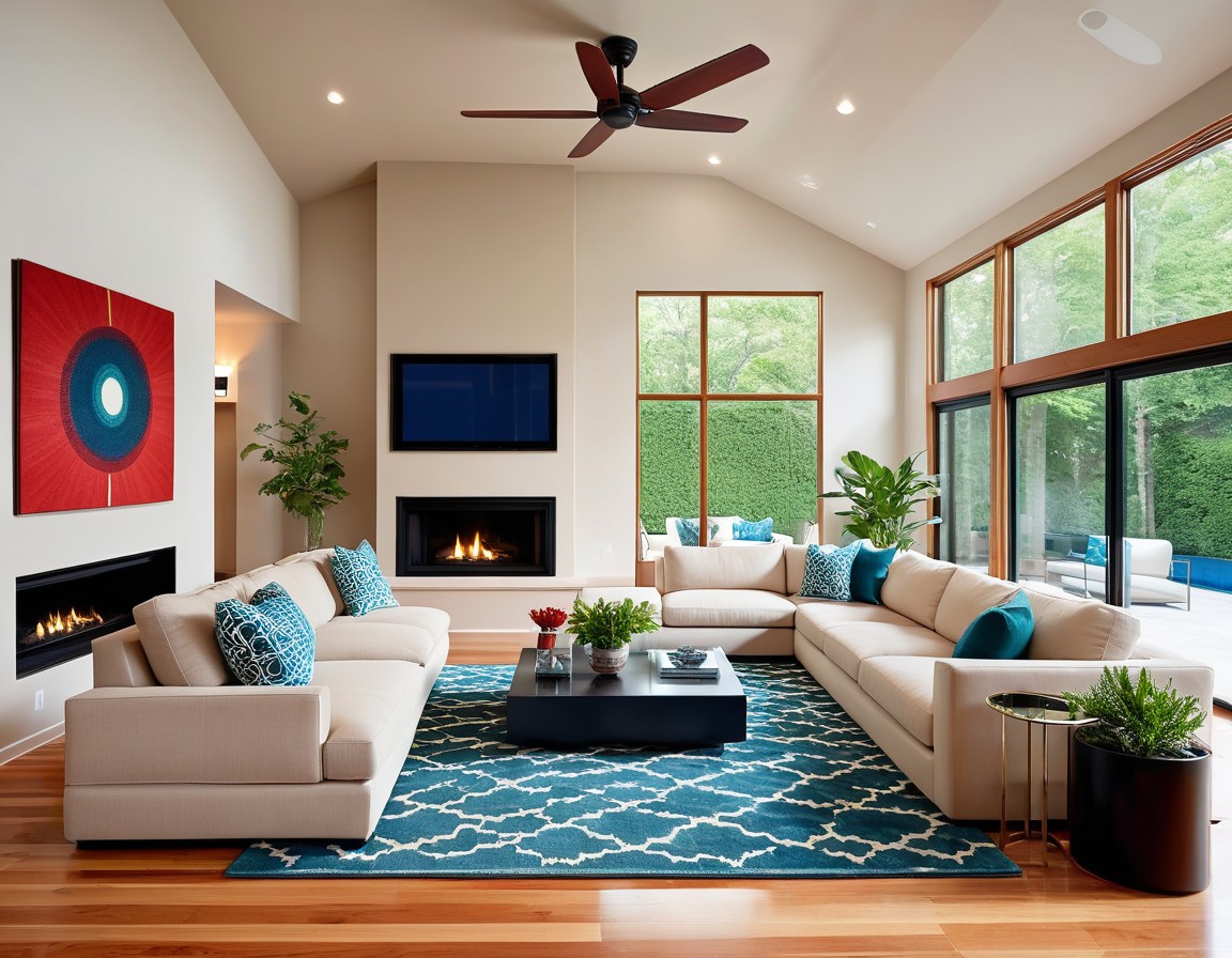 Image showcases a modern, well-lit living room with a symmetrical layout. Two beige sofas with various patterned cushions face each other, flanking a central glass coffee table. The room features large, floor-to-ceiling windows on three sides, allowing ample natural light to flood the space. A flat-screen TV is mounted on a sleek, minimalist wall above a contemporary fireplace. The floor is adorned with a vibrant, intricately patterned area rug in shades of red, blue, and beige. Several green potted plants are placed around the room, adding a touch of nature. The ceiling has skylights and a wooden ceiling fan, enhancing the airy and open feel of the room.