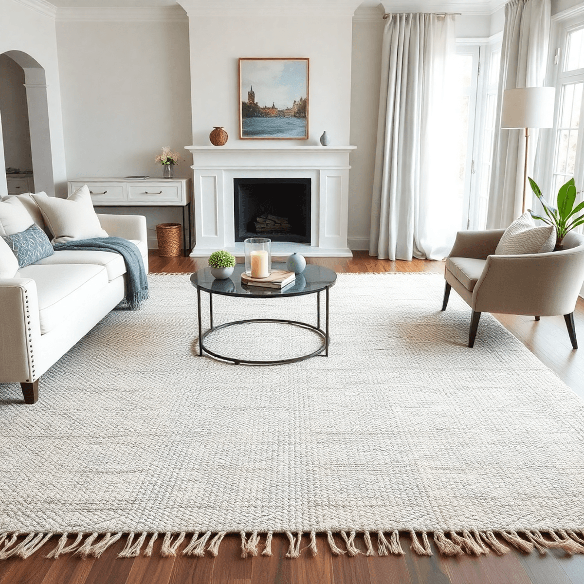 Cozy elegant living room with a hand-woven ivory and grey rug, natural fiber textures, and a calming, sophisticated atmosphere.