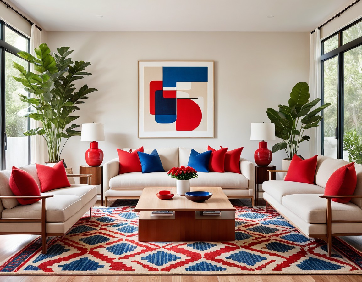 a modern, stylish living room with a symmetrical layout. The room features two beige sofas facing each other, each adorned with vibrant red and blue throw pillows. A large, abstract art piece with geometric shapes in red, blue, and white hangs on the wall, serving as a focal point. Below, a wooden coffee table is centered on a patterned rug with red, blue, and white diamond motifs. Two large potted plants with lush green leaves flank the sofas, adding a touch of nature. The room is well-lit with natural light streaming in from large windows on either side, creating a bright and inviting atmosphere. Two white lamps with red bases are placed on side tables next to the sofas, complementing the color scheme. A small bowl and a vase with red flowers sit on the coffee table, enhancing the room's cohesive design.