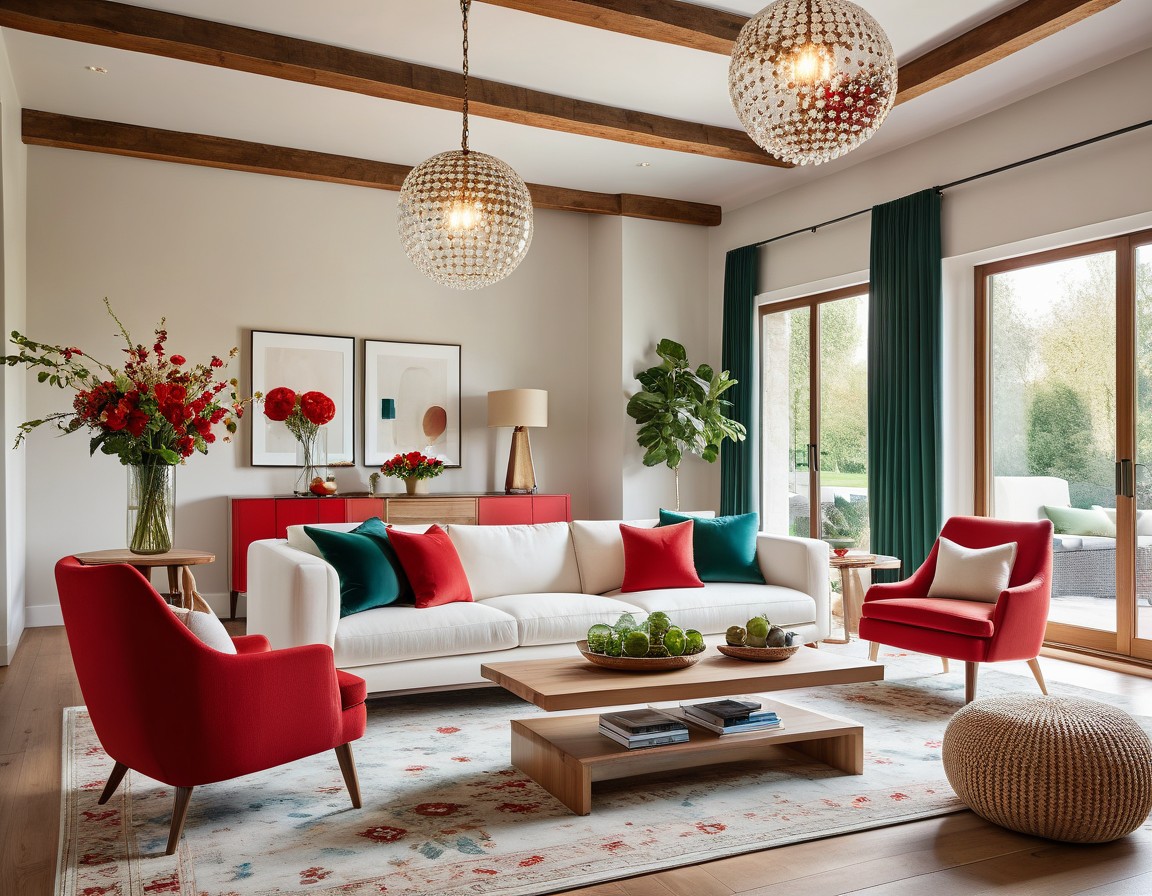 a modern living room with a contemporary style. The layout features a spacious area with a white sofa adorned with red and green cushions, flanked by two vibrant red armchairs. A light-colored wooden coffee table sits in the center, topped with decorative items and books. The room is accented by a large, patterned area rug in soft tones. Two spherical, crystal-like pendant lights hang from the ceiling, complementing the exposed wooden beams. A red sideboard against the wall holds two vases with red flowers, adding a pop of color. Above the sideboard, two framed abstract artworks are displayed. Large windows with dark green curtains allow natural light to flood the space, enhancing the room's airy feel. A potted plant in the corner adds a touch of greenery, completing the elegant and inviting atmosphere.