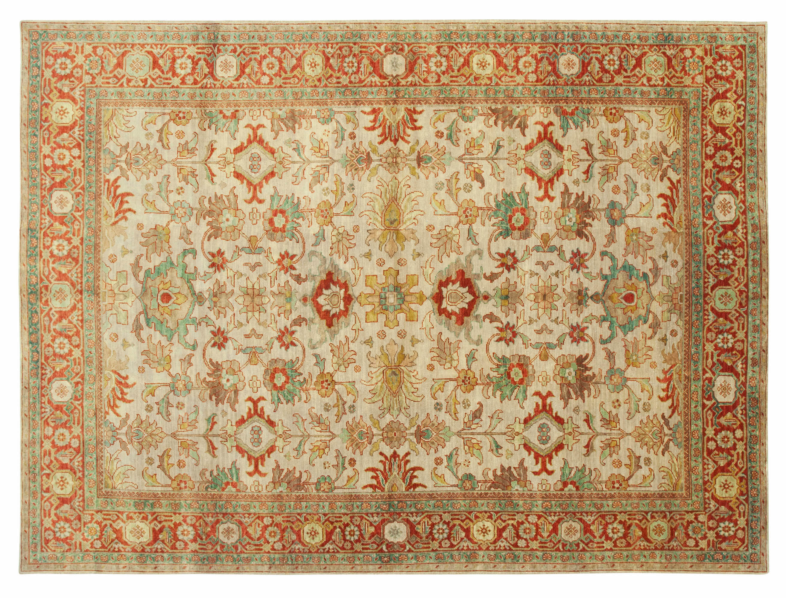 A detailed shot of a classic Turkish Oushak rug, highlighting the delicate floral and vine motifs and the soft, neutral color palette that define its traditional design