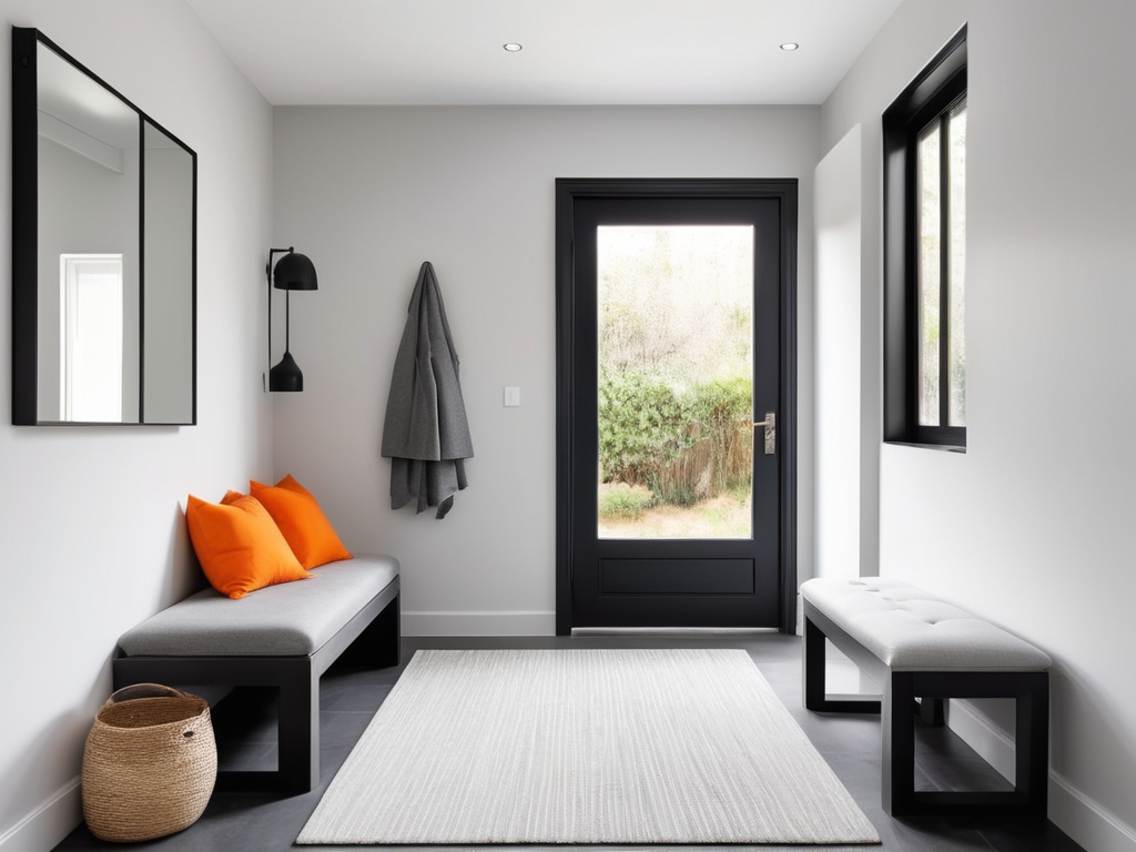 The property is accessed via a modern, minimalist hallway with a clean and bright layout. The entrance to the property is accessed via a large black door with traditional lines. The walls are painted white and the floor is covered with large grey tiles. The floor is covered with a handmade area rug measuring 5x8, comprising a mix of white and grey. On the left side, you will find a grey wooden bench with a single orange cushion. A round mirror with a black frame is mounted on the wall above the bench. A compact, contemporary table lamp with a black frame and square shade is positioned above the bench and emits a warm light. A light grey carpet is positioned on the floor in front of the bench. The room opens into a bright, well-lit space with white walls and a large window that allows natural light to flood in. The overall aesthetic is clean, modern and welcoming.