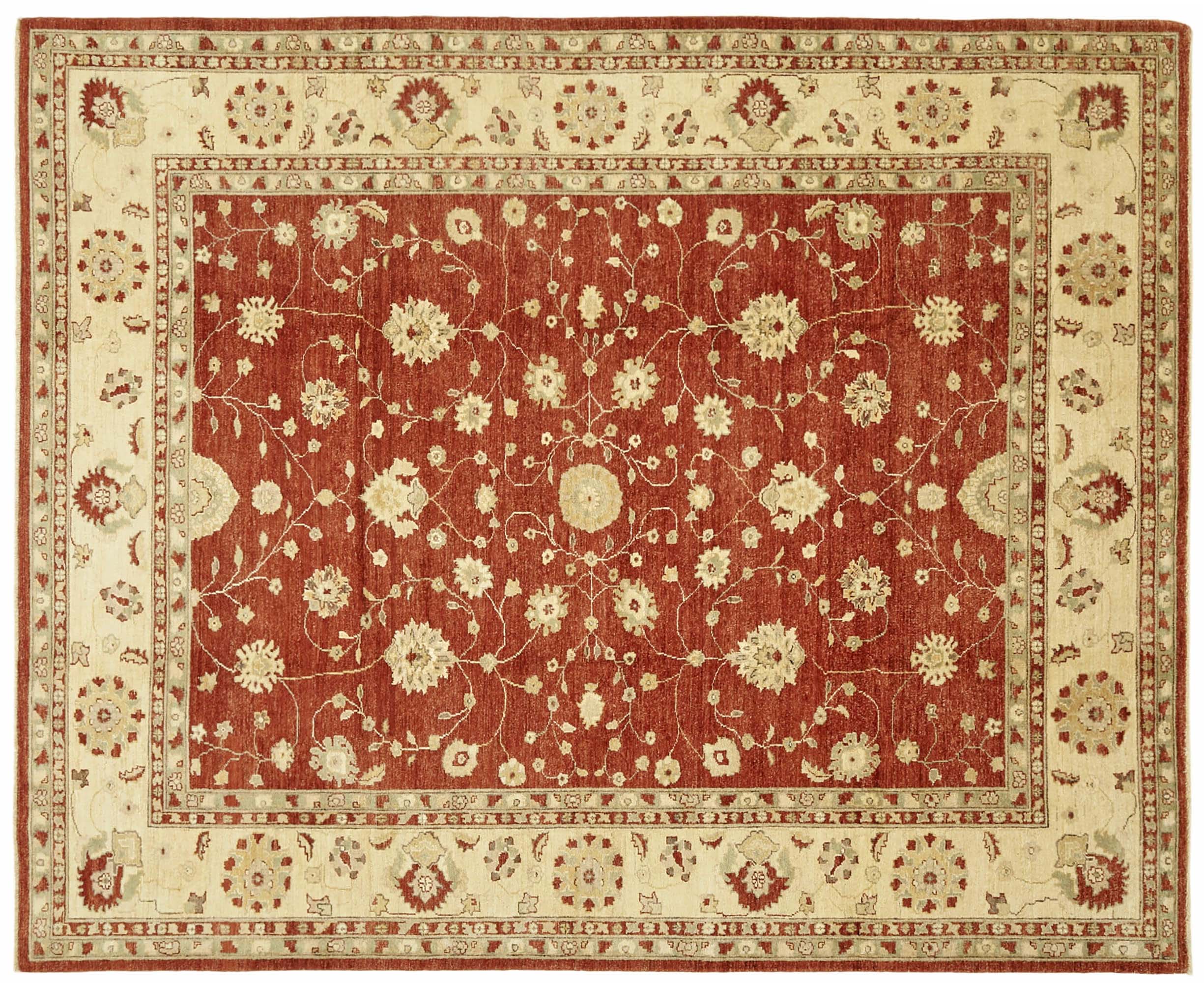 This is a detailed view of an Oushak carpet. The carpet has a red ground with cream and burgundy floral designs. The central medallion is elaborate with floral motifs. Surrounding it are smaller floral designs. The rug's border has geometric and floral designs. The rug is elegant and sophisticated with rich colours and intricate details.