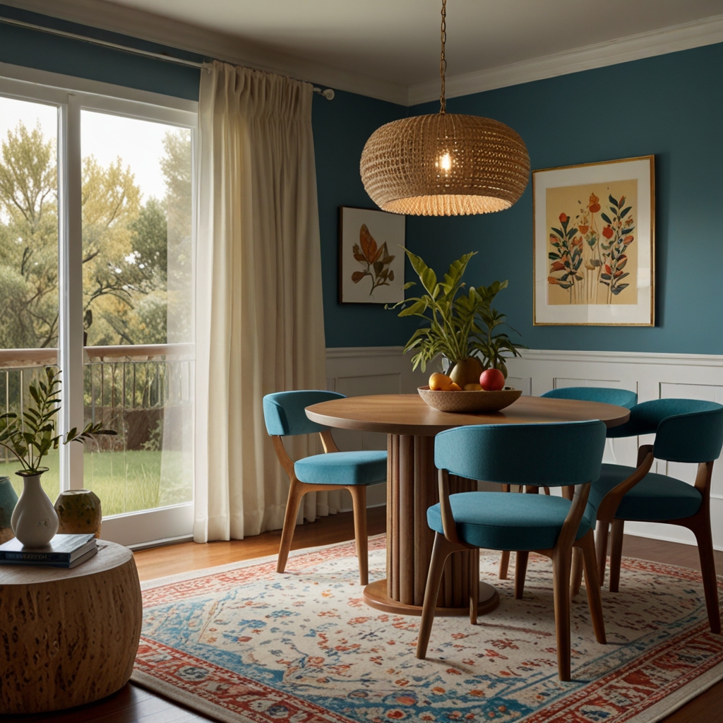 Glossy wood dining table, four matching chairs, light blue wall decorated with nature-themed artwork, soft yellow pendant light, mid-century modern wood sideboard with wicker door, decorative animal figurine, basket of apples on table, leafy indoor plants in white pots, rich hardwood floor, small oriental handmade beige, blue and red soft rectangular rug, light beige curtains with red accents, horizontal blinds for privacy, inviting and stylish ambiance, mid-century design with modern aesthetic.