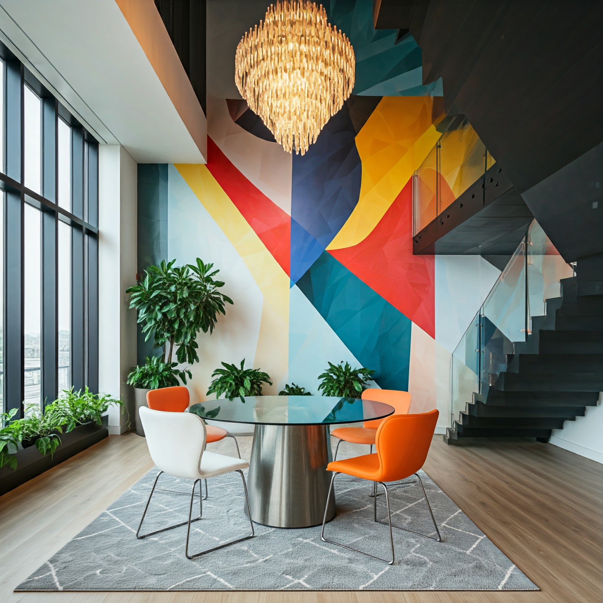 It showcases a modern and stylish office space with a vibrant and artistic design. The layout features a round glass table with a metallic base surrounded by four chairs, two white and two orange, placed on a grey carpet with geometric patterns.