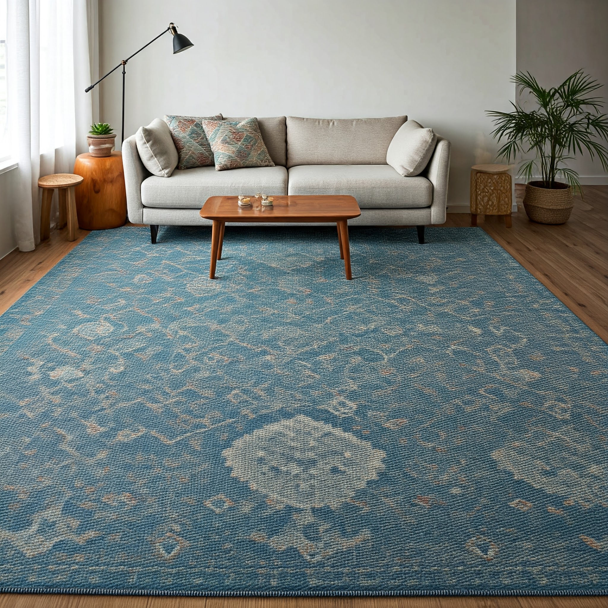 a modern living room with a minimalist style. The layout features a light beige sofa with two large cushions, positioned against a plain white wall. In front of the sofa is a rectangular wooden coffee table with a smooth finish, holding two small glass cups. The floor is covered with a large, intricately patterned blue rug with subtle white and beige designs, adding a touch of elegance to the room. To the left, a tall window with sheer white curtains allows natural light to illuminate the space. A small wooden side table with a potted plant sits beside the sofa, while another larger potted plant is placed in the corner, adding greenery to the room. The overall atmosphere is calm and inviting, with a focus on simplicity and comfort.