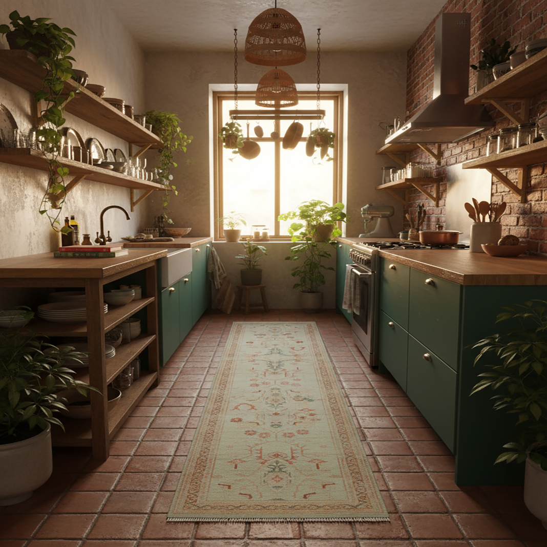 Eclectic and inviting bohemian kitchen interior with wood counters, open shelves, and a mint green Oushak runner