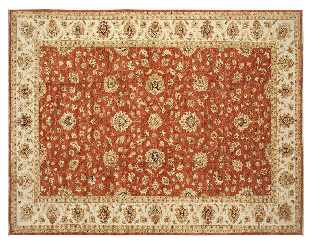 Handmade Oushak rug with a rich rust red background, intricate floral motifs, and a cream border – traditional wool area rug for classic interior decor.