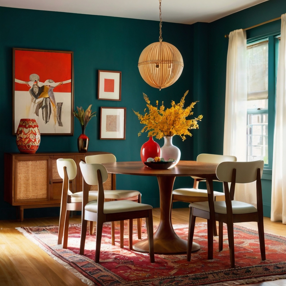 The dining room boasts a stylish and modern design with a mid-century aesthetic. The layout comprises a round wooden dining table with a pedestal base, surrounded by four white cushioned chairs with wooden frames. The room features teal-coloured walls adorned with various artworks, including a large red and white abstract painting, a smaller framed piece, and a red vase with a floral arrangement on a wooden sideboard. A substantial, circular pendant light fixture is suspended above the table, emitting a gentle, welcoming glow. The table centrepiece comprises a red vase with yellow flowers and a bowl of fruit. The floor is covered with a red patterned rug, and the room benefits from an abundance of natural light, which is admitted through a window with white curtains, thereby creating an inviting atmosphere.