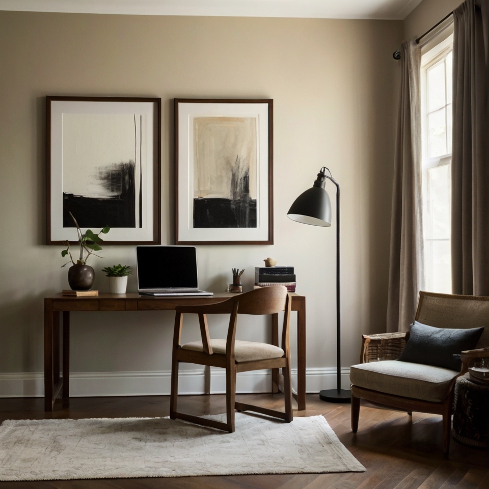 Minimalist home office layout. The layout features a wooden desk with a laptop, a stack of books and a small potted plant. The desk is placed on a grey area rug that contrasts with the light-coloured floor covered with black geormetric motifs. To the right of the table is a beige upholstered chair without armrests. The walls of the room are cream-coloured and on the left wall hang two framed paintings, each with a dark wood frame. A tall floor lamp with a beige lampshade stands in the corner next to a small window with a frosted glass pane, allowing natural light to filter in. The overall style is clean and simple with a focus on functionality and comfort.
