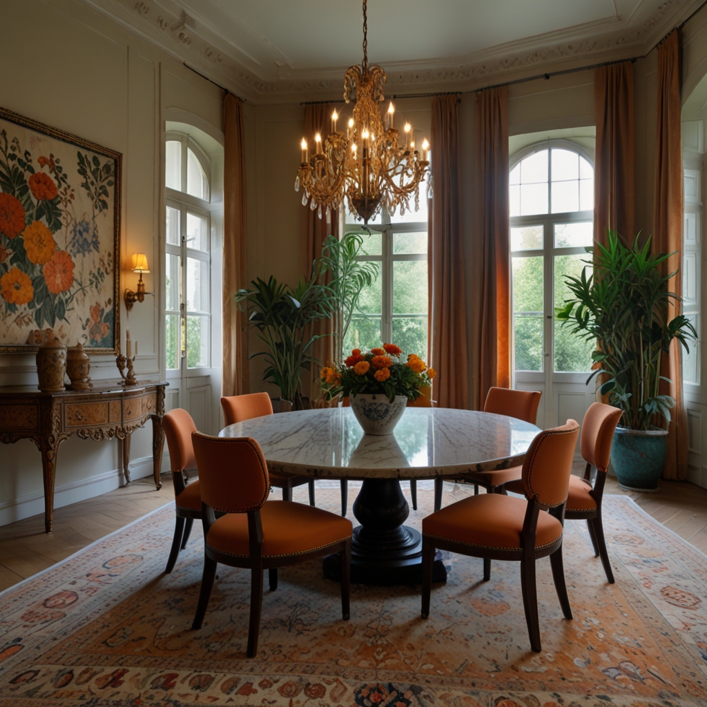 The rectangular hand-woven carpet with oriental floral motifs covers the floor of the dining room. In the center of the carpet is a six-seat dining table with wooden legs and a six-piece metal chandelier. The surrounding seating consists of chairs upholstered in beige, turquoise, and orange fabrics.