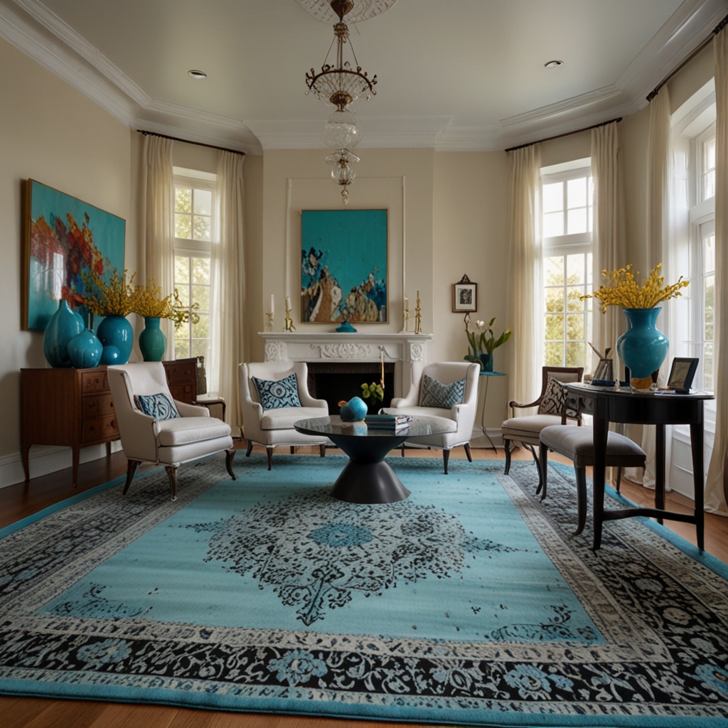 Step into a bright and airy living room, with light-colored walls and floors that bask in natural light. The focal point of the room is a stunning turquoise carpet, adorned with intricate black patterns. Notice how the center of the carpet is slightly worn, adding character to the space.