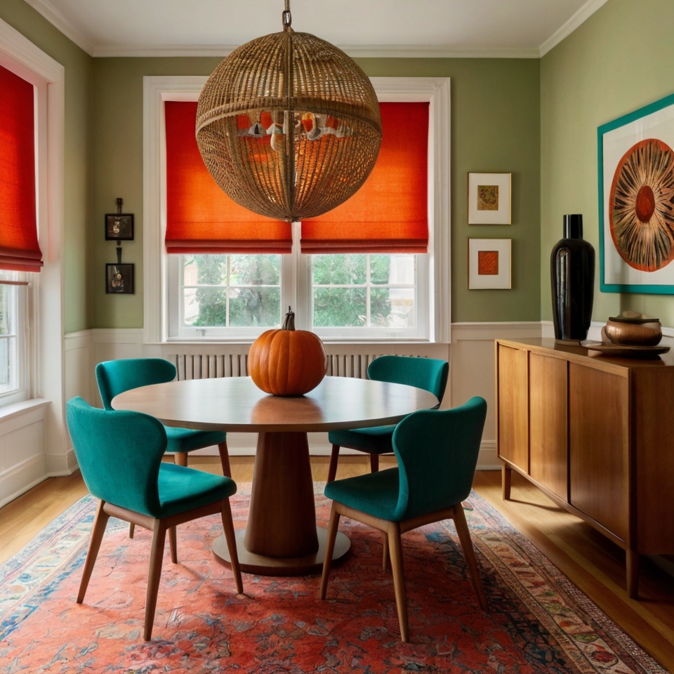 Mid-century modern dining room with a vibrant and eclectic style. The layout features a wooden dining table surrounded by six matching wooden chairs with slatted backs. The table is adorned with a wire basket containing small pumpkins, adding a seasonal touch. The room has teal walls and a large window with white blinds, framed by beige curtains with red accents. Above the table hangs a spherical, yellow pendant light fixture. On the left side of the room, there is a wooden sideboard with a woven front, decorated with various items including a lamp, books, and framed artwork. The floor is covered with a bright red rug and beige, and there are several green plants in white pots, adding a touch of nature to the space.Image2MotionImage2ImageRemix