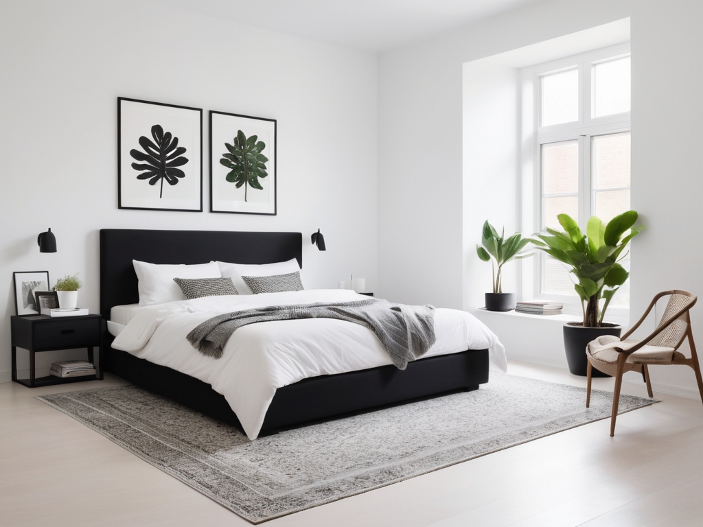 Modern, minimalist bedroom with a clean and uncluttered layout. The room features a low-profile black bed frame with white bed linen, positioned against a white wall. Above the bed are six framed prints arranged in two rows, each in a different colour and design. To the left of the bed, a potted plant sits on a small white bedside table. A white chair with a black headboard is placed next to a large potted plant on the right side of the bed. The floor is covered with a grey patterned vintage carpet. The large window on the left side of the room allows natural light to flood the space, enhancing the bright and airy atmosphere.