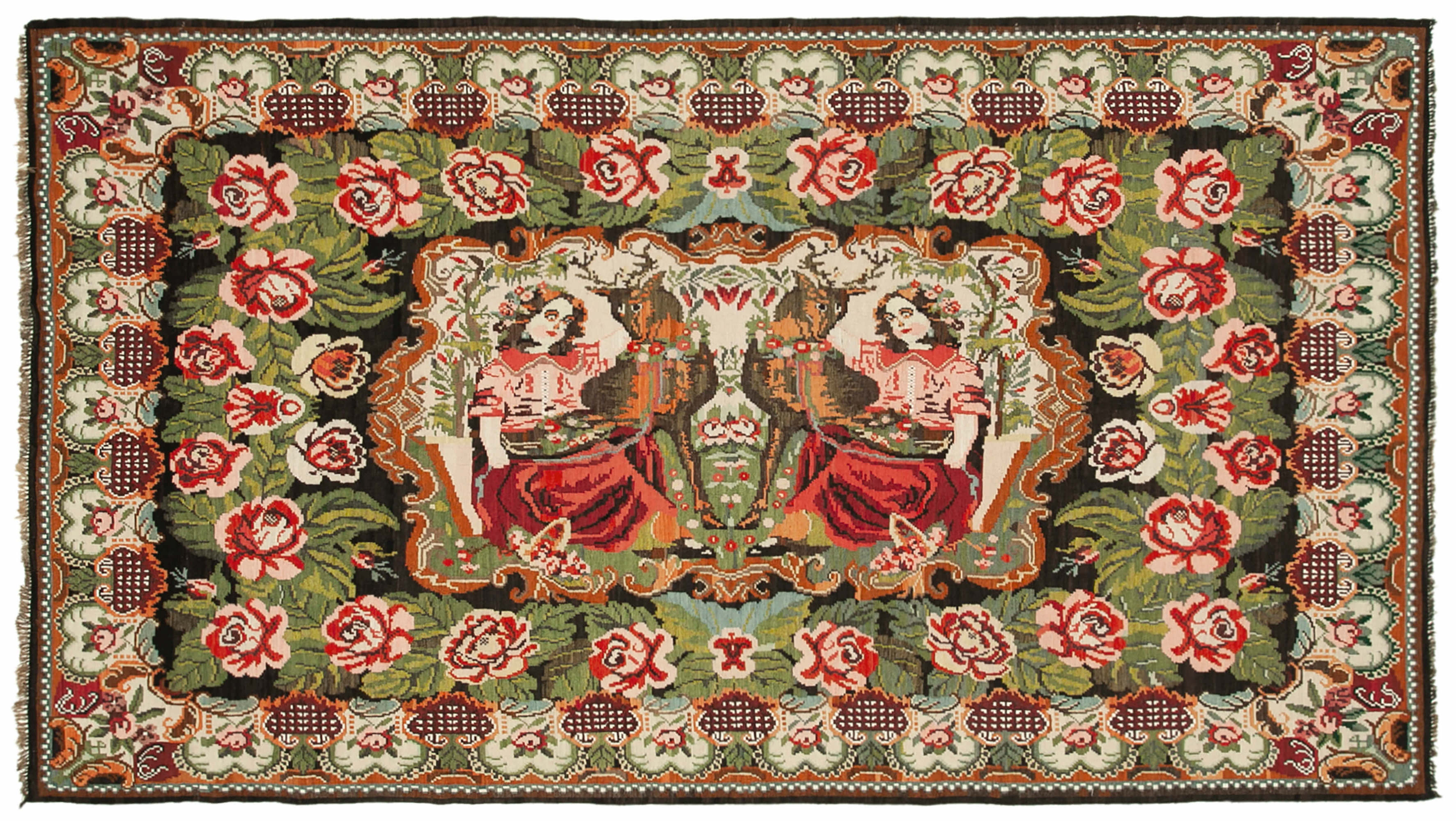 Runner, intricately designed tapestry with a symmetrical layout. They are surrounded by a detailed floral pattern, predominantly in shades of red, green, and white. The border of the tapestry is adorned with a repeating motif of roses and leaves, creating a rich and vibrant frame. The overall color palette includes deep greens, reds, and whites, with accents of black and beige, contributing to a visually striking and ornate design.