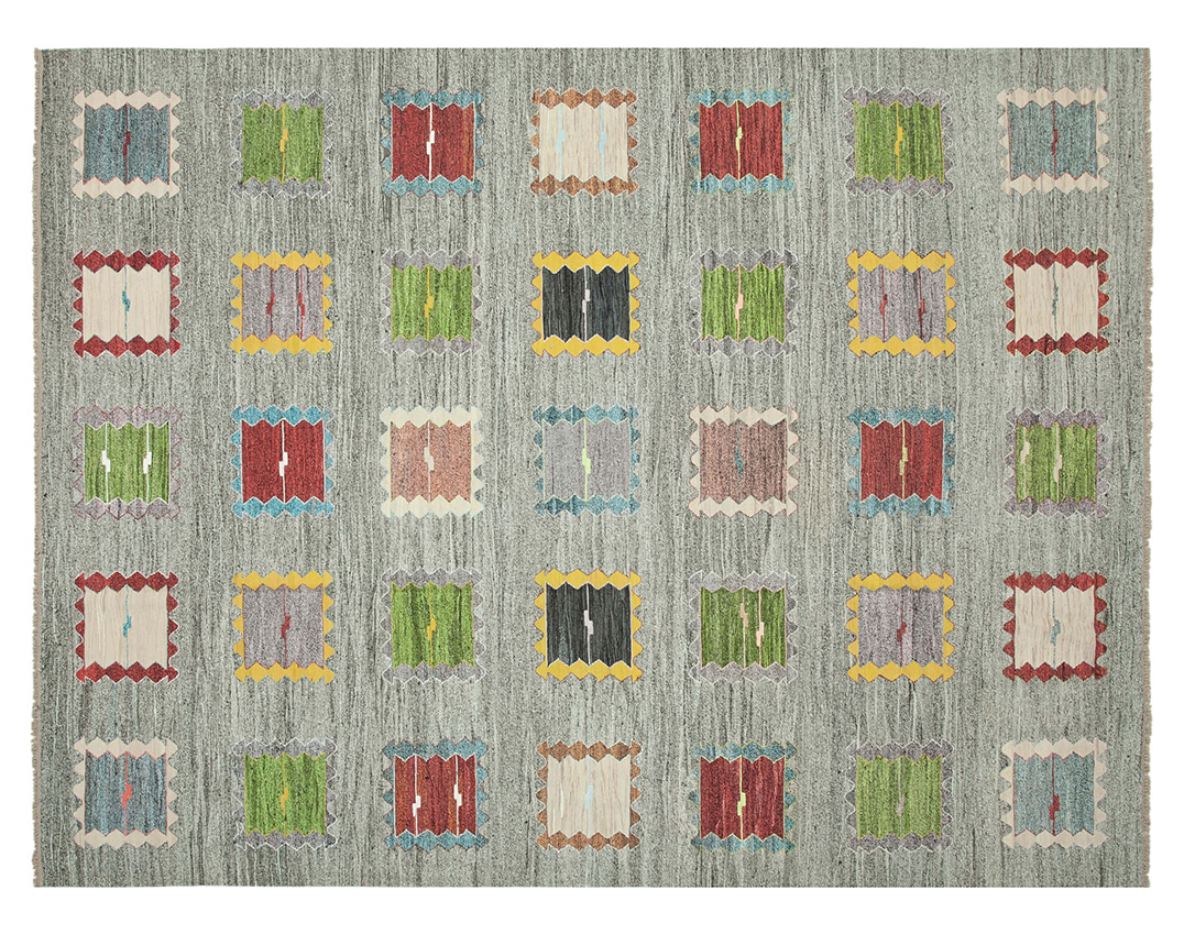 Handmade modern kilim rug with a gray background and colorful geometric square patterns, featuring a flatweave texture and bold contemporary design.