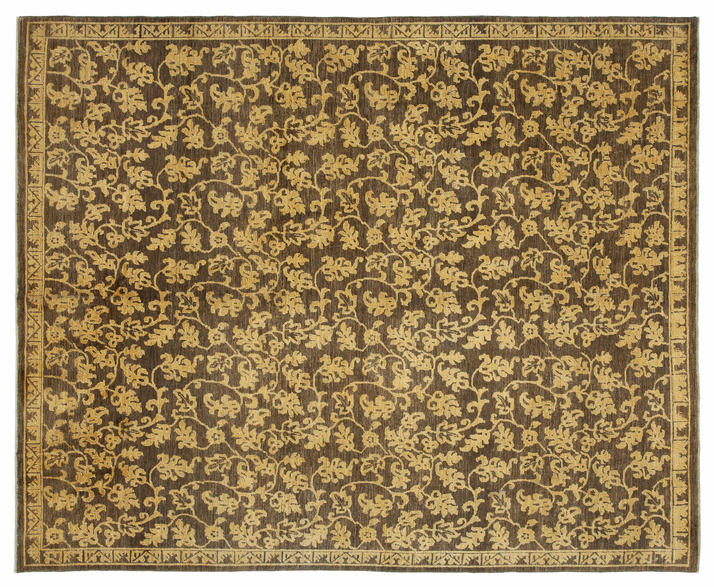 Rectangular, traditional-style rug with a rich, dark brown background. The rug features an intricate, repeating floral and vine pattern in a contrasting light beige color. The design is symmetrical and covers the entire surface of the rug. The border of the rug is adorned with a narrower, complementary pattern that frames the central design. The overall appearance is elegant and classic, suitable for a variety of interior decor styles.