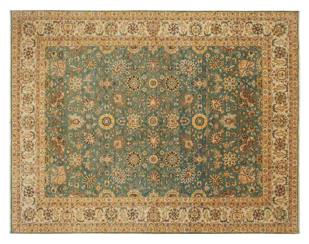 Hand-knotted Oushak rug featuring a green field with intricate floral patterns, ivory borders, and traditional Turkish design – large vintage wool area rug.