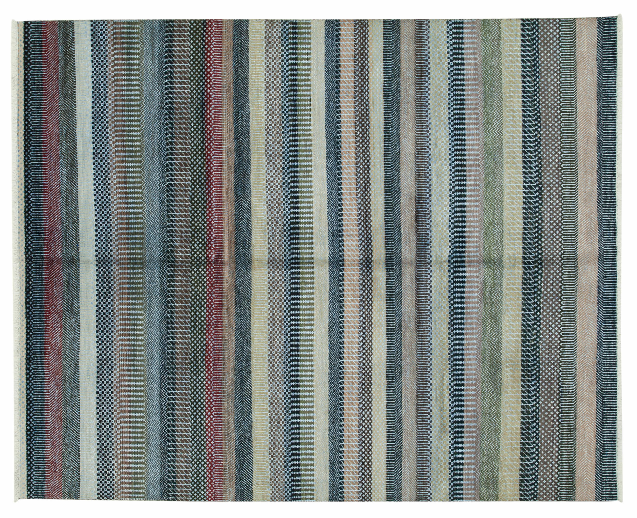 Image showcases a rectangular woven rug with a striped pattern. The rug features alternating horizontal stripes in various colors, including shades of blue, green, red, and beige. Each stripe consists of intricate, repeating geometric designs, creating a visually appealing and textured appearance. The overall layout is symmetrical, with the stripes running parallel to the shorter edges of the rug. The colors and patterns are evenly distributed, giving the rug a balanced and harmonious look. The texture appears to be soft and woven, suitable for indoor use.