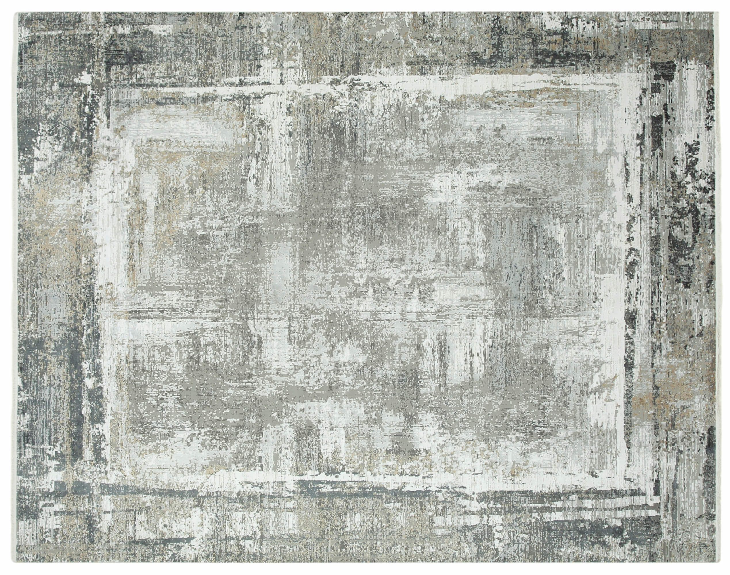 Rectangular area rug with an abstract design. The rug's layout includes a central rectangular section bordered by a series of irregular, overlapping rectangular shapes. The color palette is predominantly neutral, with shades of gray, beige, and white creating a distressed, weathered look. The texture appears to be a mix of smooth and slightly rough areas, giving the rug a vintage, worn-in aesthetic. There are no people, text, or logos present in the image.