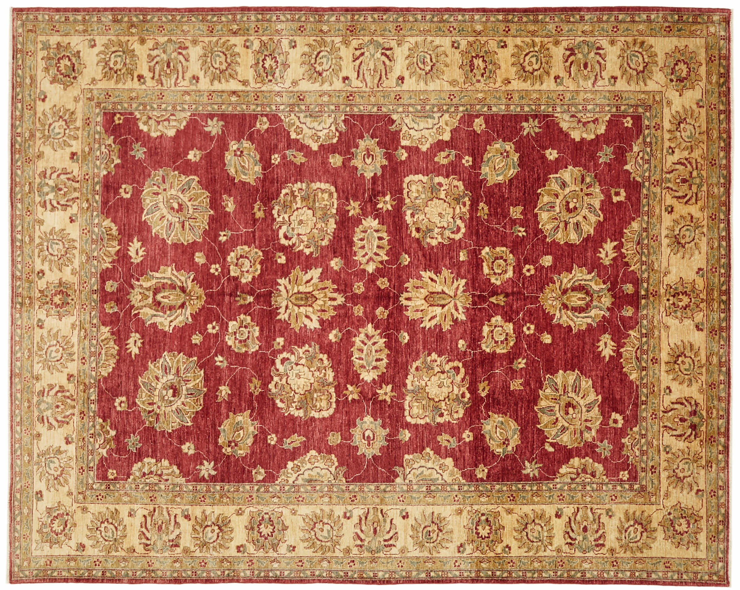 This rectangular Oushak handmade rug features a traditional design with intricate floral patterns. The pattern features a central area in a deep red hue, adorned with symmetrical floral and leaf motifs in beige, gold, and green tones. The border is a wide band in a beige tone, featuring a continuous floral and vine design that complements the central pattern. The carpet features a detailed and ornate design, exuding a classic and elegant aesthetic. The overall colour palette comprises deep reds, warm beiges and subtle greens, creating a harmonious and visually appealing effect.