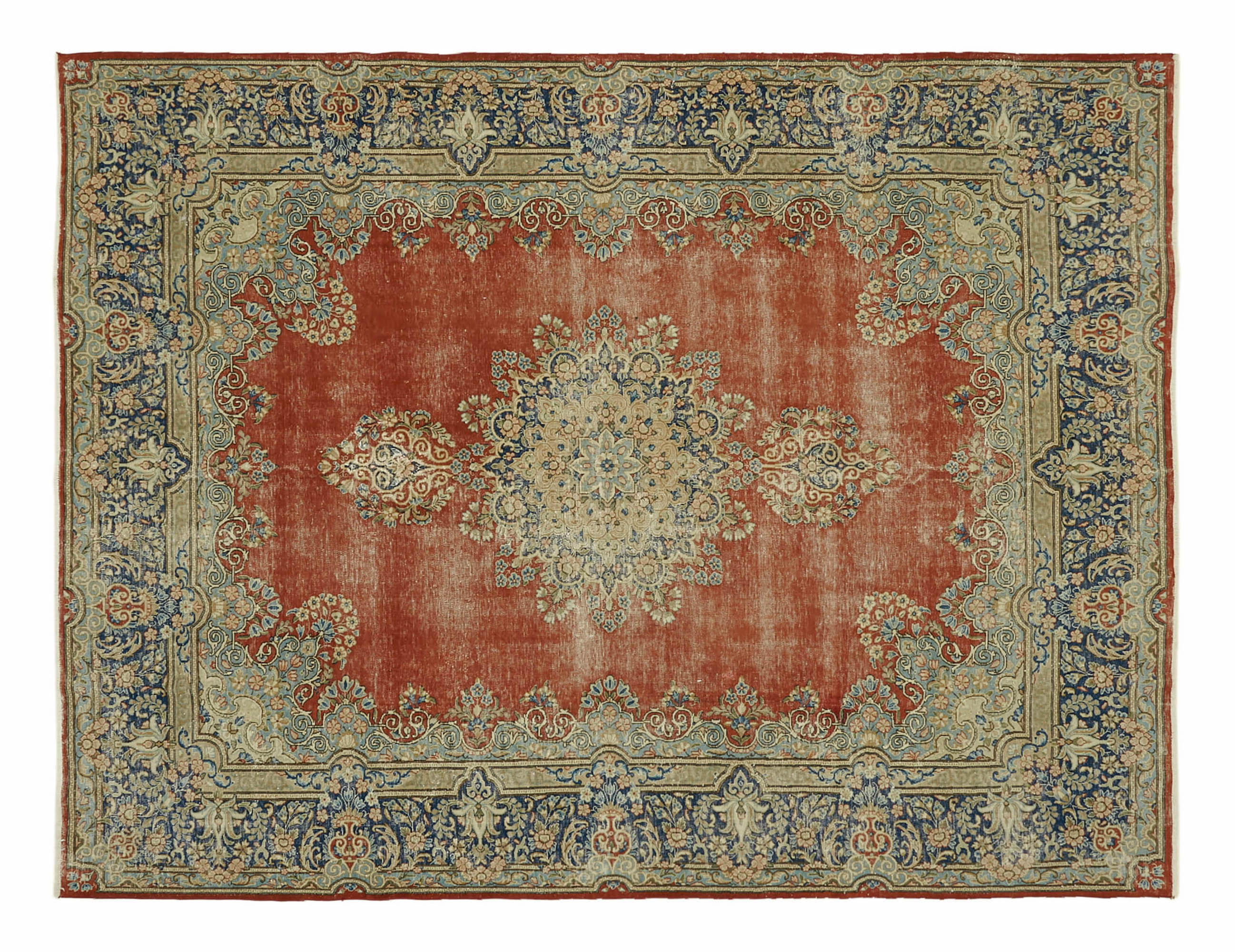 Persian vintage rug featuring intricate floral motifs and medallion design in faded red, navy blue, and beige colors – traditional handmade oriental carpet for classic home decor