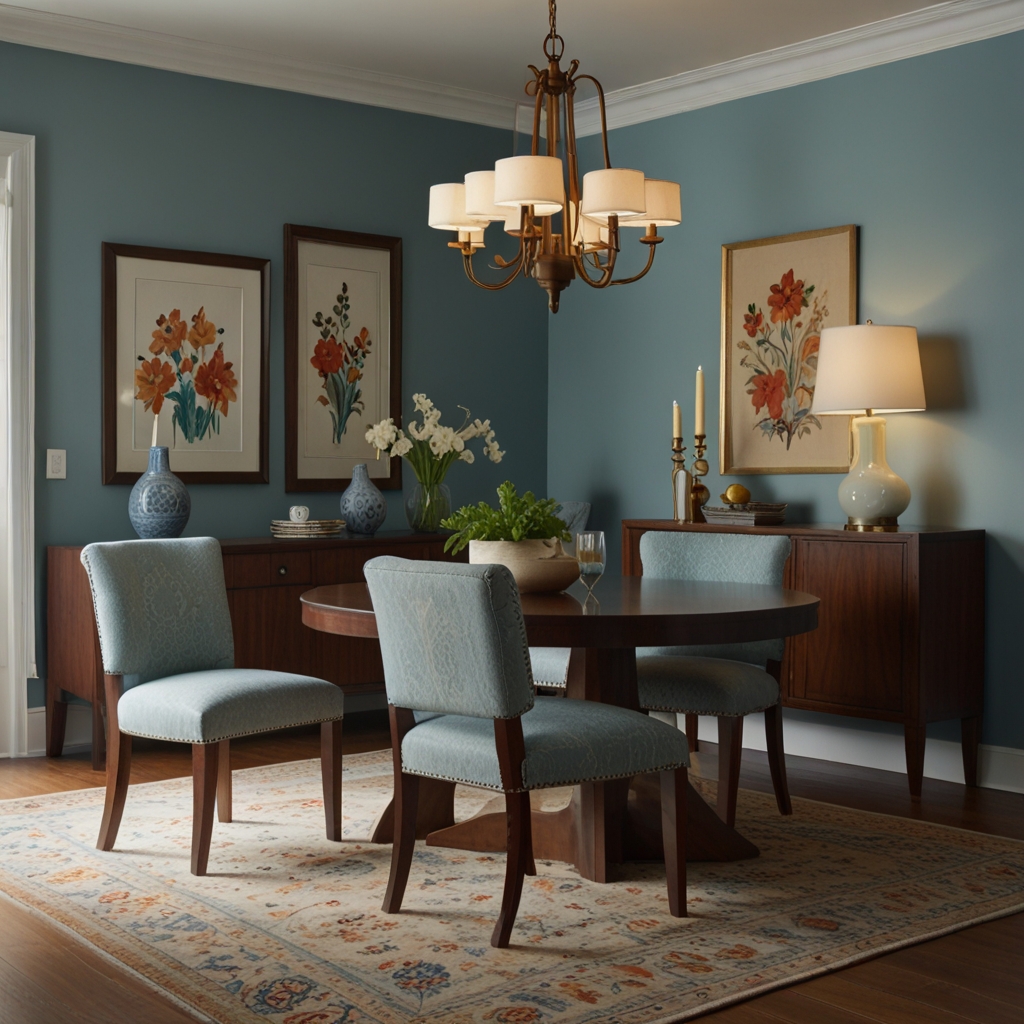 "Step into a cozy and unique dining experience with a small dining room featuring a stunning wood dining table and four chairs. The light blue walls add a touch of tranquility while the sconce lamp provides a warm and inviting ambiance. Complete the look with a modern wood sideboard and a small oriental handmade rug for a touch of cultural flair."