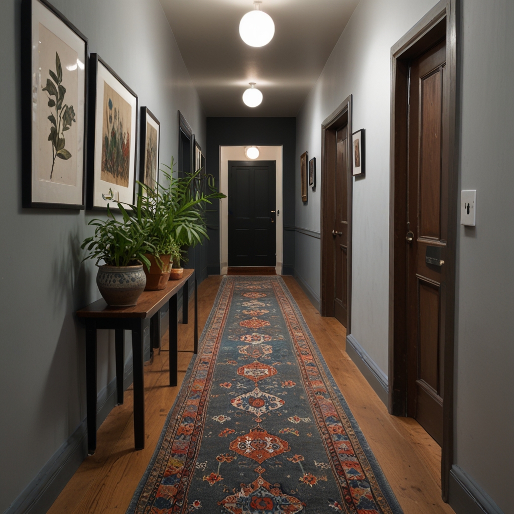 Image depicts a narrow, well-lit hallway with a classic and elegant style. The layout features a long, patterned runner rug in shades of blue, brown and red, extending down the wooden floor. On the left side, a dark wooden console table holds several potted plants with lush green foliage, adding a touch of nature to the space. The walls are painted in a muted gray tone, adorned with framed botanical prints and artwork, contributing to a sophisticated ambiance. Three round, white ceiling lights evenly illuminate the corridor, leading to a dark wooden door at the end. The right side of the hallway has two closed wooden doors, each with a simple, traditional design. The overall atmosphere is calm and inviting, with a blend of natural and artistic elements.