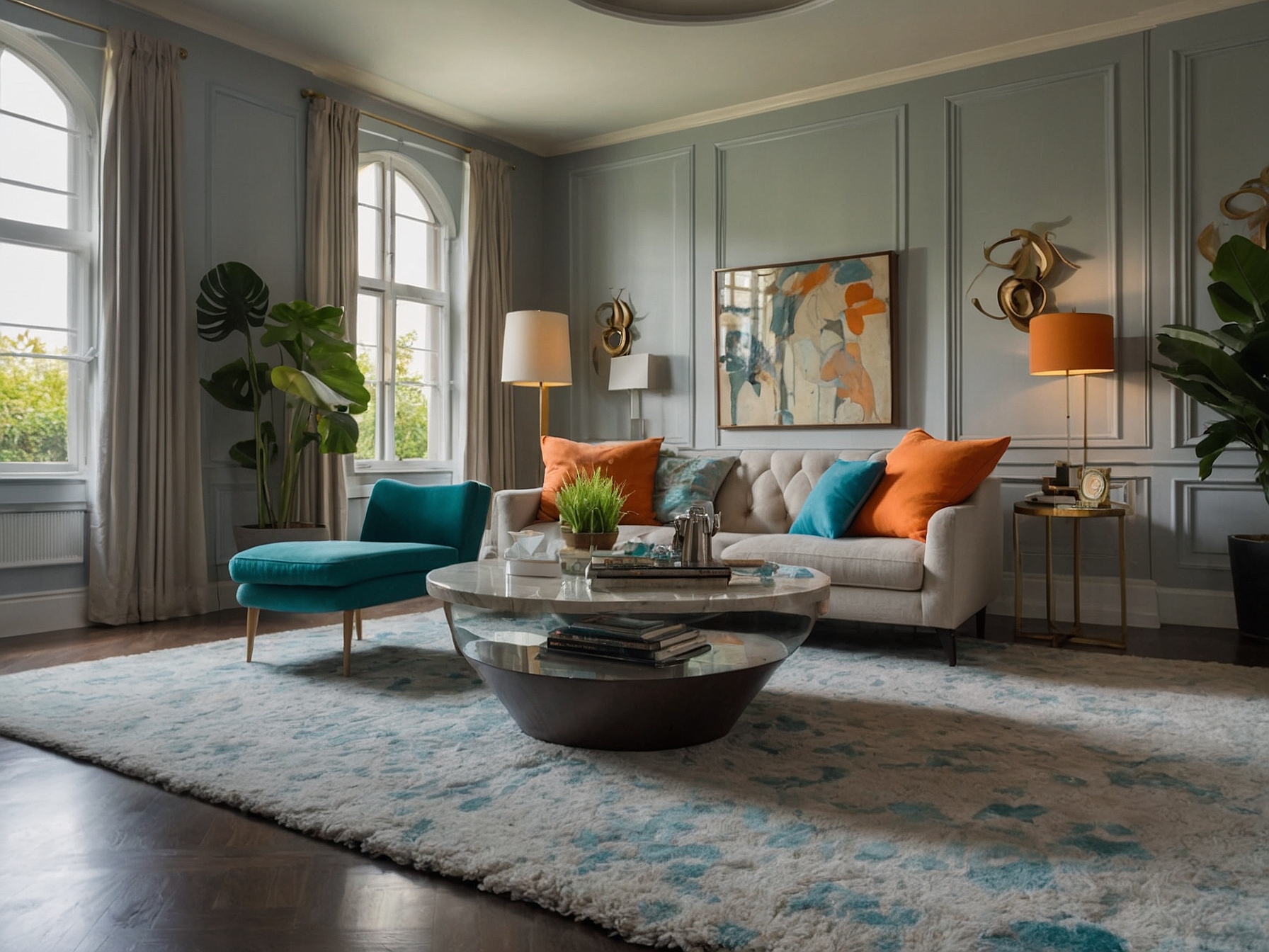 The living room, seen from a wide angle, has a mix of contemporary and mid-century modern furnishings, including a grey rectangular hand-woven carpet on the floor, two beige and turquoise single armchairs in the middle of the carpet, two grey and beige sofas with orange and white cushions, and a round marble coffee table with decorative elements. In the background is a marbled wall with built-in shelves containing various decorative objects. A large window to the right allows natural light to flood the room, highlighting a tall green plant in a white pot.