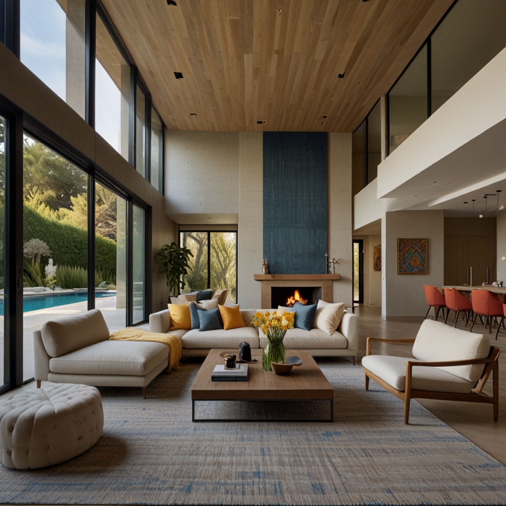 This spacious living room boasts an expansive view, elevated ceilings, tall windows and an abundance of natural light. To one side, a comfortable seating area is situated on a substantial hand-woven carpet. On the other side of the room, a coffee table is positioned alongside two chairs. The interior design is contemporary and minimal, featuring a monochromatic beige palette accented with pops of blue, yellow, red, orange, and turquoise. Overall, the room exudes a welcoming and inviting ambience.