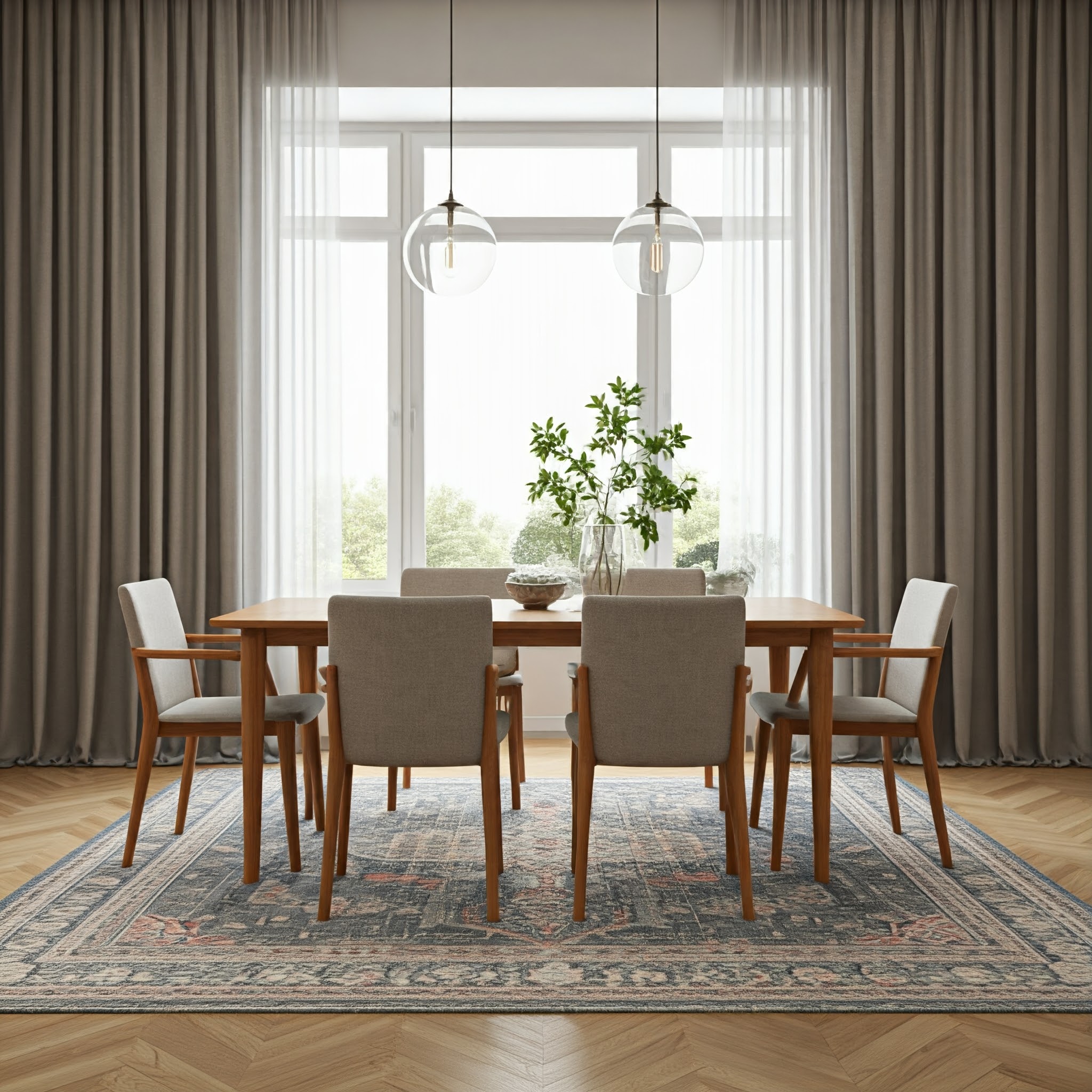It depicts a modern dining room with a minimalist style. The layout features a rectangular wooden dining table surrounded by six upholstered chairs with light grey fabric and wooden legs. The table is centred on a patterned handmade Turkish area rug with muted grey and beige tones, resting on a herringbone-patterned wooden floor.
