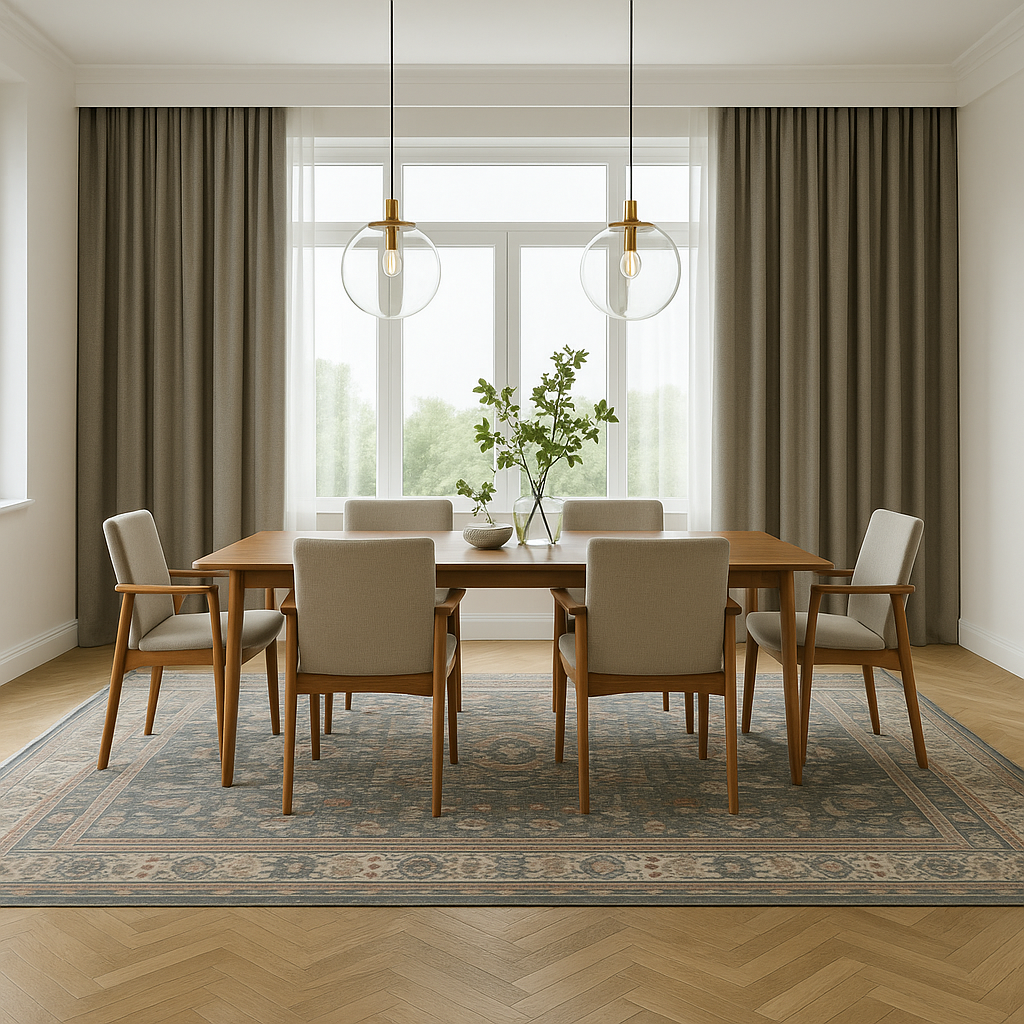 Elegant dining room with a wooden table set, beige upholstered chairs, and a traditional gray Turkish area rug on herringbone hardwood flooring.
