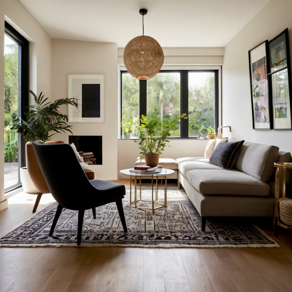 The design features a contemporary and sophisticated living room with a welcoming ambience. To the right of the layout is a white sofa with cushions in neutral tones and a patterned cover. Two armchairs with black metal frames and light upholstery are positioned opposite the sofa. A round, golden, lattice-patterned coffee table is positioned on a light-coloured, patterned carpet. In the background, a small round dining table with a white base is surrounded by four black chairs. A spherical pendant lamp is suspended above the table. The rear wall is adorned with a variety of framed artworks, including abstract and landscape pieces in a combination of black, white, and neutral tones. The shelf below the artwork is stocked with books and a potted plant, providing an additional source of greenery. The room is flooded with natural light from the right, which highlights the wooden floor and creates a welcoming ambience.