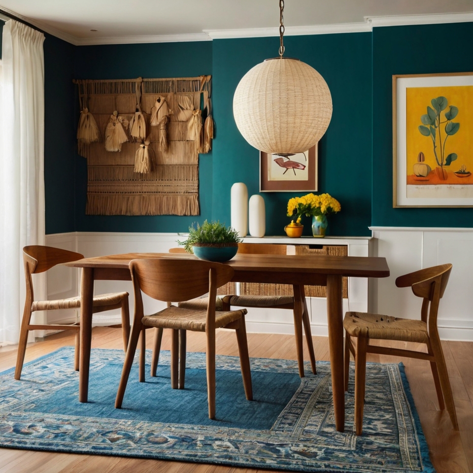 Mid-century modern dining room with a vibrant and eclectic style. The layout features a wooden dining table surrounded by six matching wooden chairs with slatted backs. The table is adorned with a wire basket containing small pumpkins, adding a seasonal touch. The room has teal walls and a large window with white blinds, framed by beige curtains with red accents. Above the table hangs a spherical, yellow pendant light fixture. On the left side of the room, there is a wooden sideboard with a woven front, decorated with various items including a lamp, books, and framed artwork. The floor is covered with a bright blue rug, and there are several green plants in white pots, adding a touch of nature to the space.